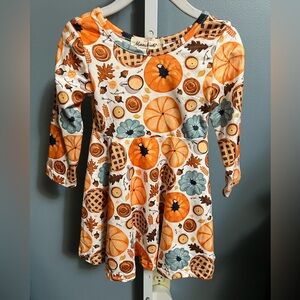 Marie Nicole Fall Season Long Sleeve Dress with Pumpkins Pie Leaves Acorns NWT